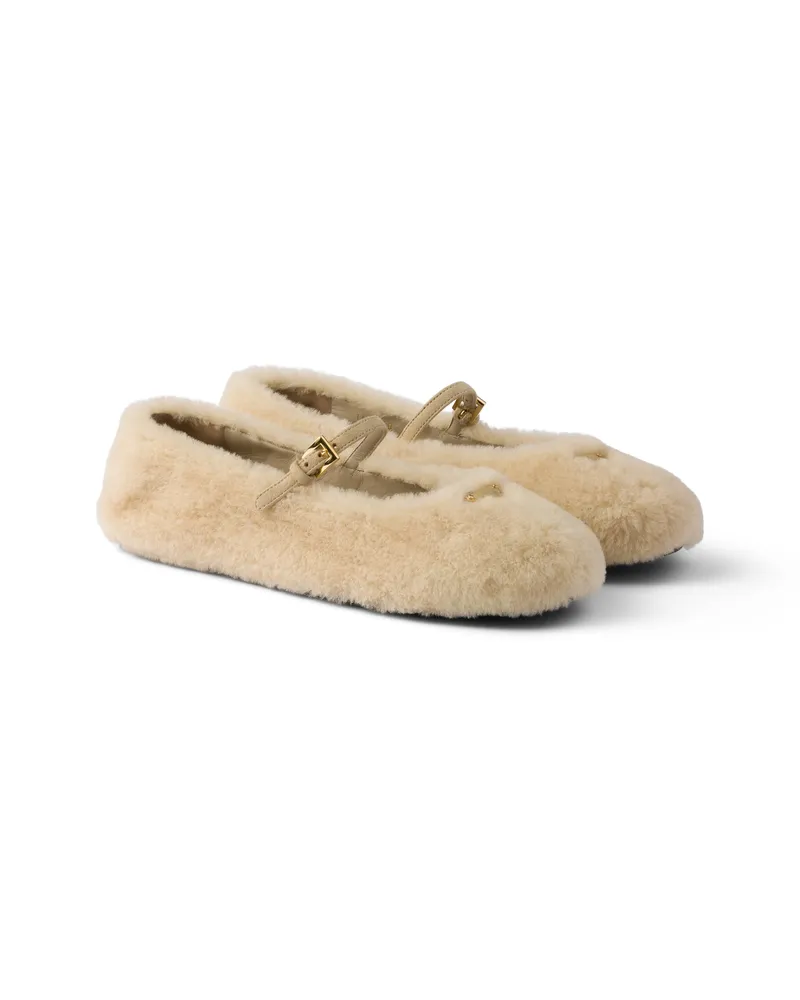 Prada Ballerinas Aus Lammfell, Damen, Travertingrau, Größe Travertingrau