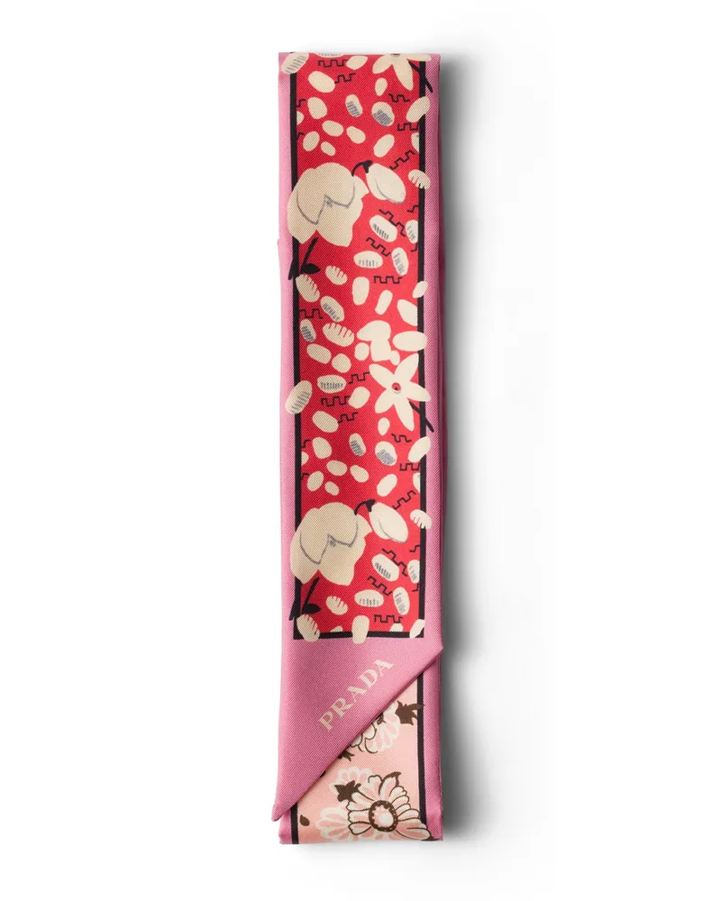 Prada Schmaler Schal Aus Bedrucktem Seidentwill, Damen, Kamelie/rot Kamelie