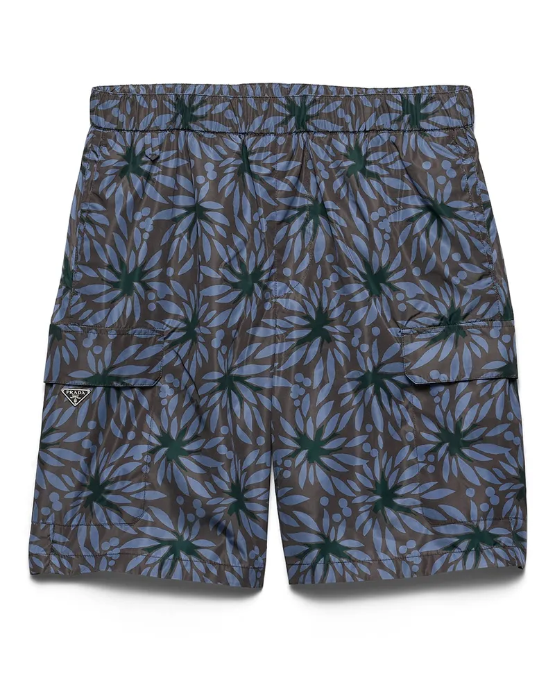 Prada Badehose Aus Bedrucktem Re-nylon, Herren, Hämatit/nero, Größe Hämatit