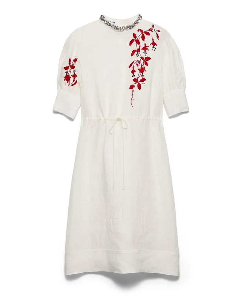 Prada Besticktes Kleid Aus Toile Fiammato, Damen, Elfenbein/burgunderrot, Größe Elfenbein