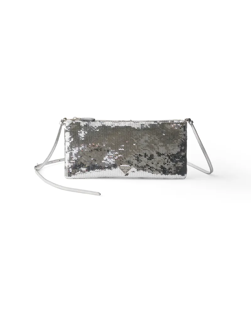 Prada Kleine Schultertasche Aus Satin Und Pailletten, Damen, Silber Silber