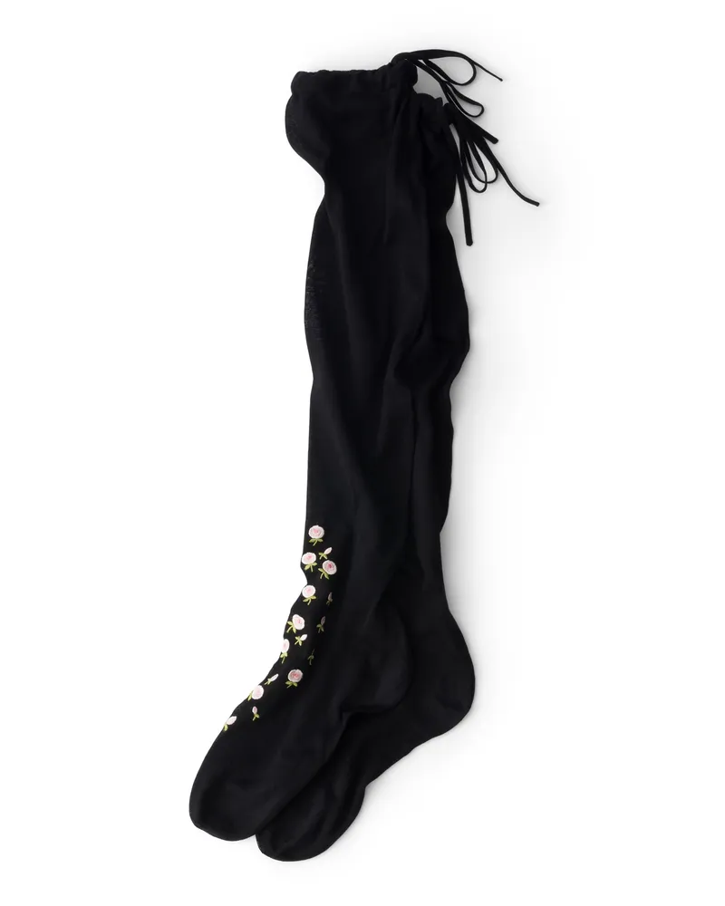 Prada Bestickte Overknee-socken Aus Baumwolle, Damen, Schwarz, Größe Schwarz