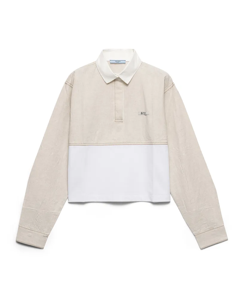Prada Poloshirt Aus Chambray Und Jersey, Damen, Ecru/weiß, Größe Ecru