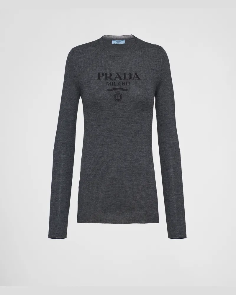 Prada Rundhalspullover aus Superfine-Wool Anthrazitgrau