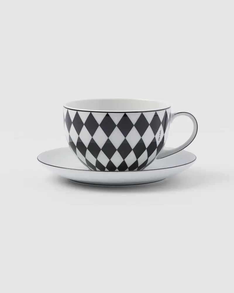 Prada Set mit zwei Teetassen aus Porzellan – Checkerboard Weiss