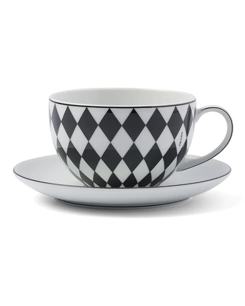 Prada Set Mit Zwei Teetassen Aus Porzellan – Checkerboard, , Weiss/schwarz Weiss