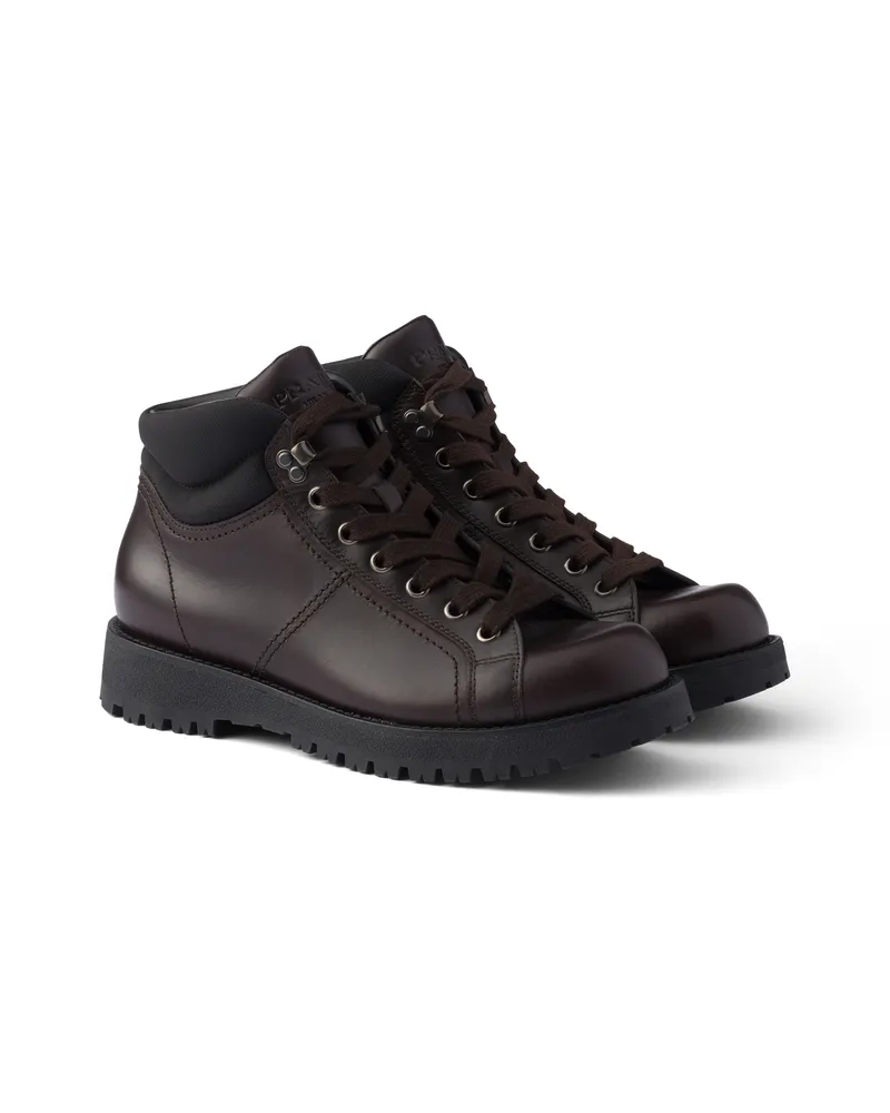 Prada Schnürstiefeletten Aus Leder Und Re-nylon, Herren, Ebenholz, Größe 11 Ebenholz