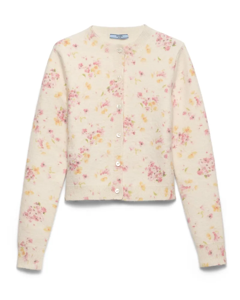 Prada Strickjacke Aus Wolle Mit Blumenmuster, Damen, Begonienrosa, Größe Begonienrosa