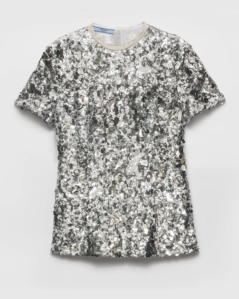 Prada Top aus bestickten Pailletten Silber