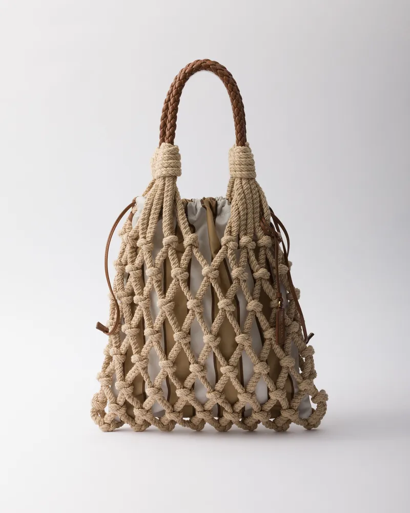 Prada Noué Mittelgroße Tasche Aus Baumwoll-makramee, Damen, Kordel/kamelbeige Kordel