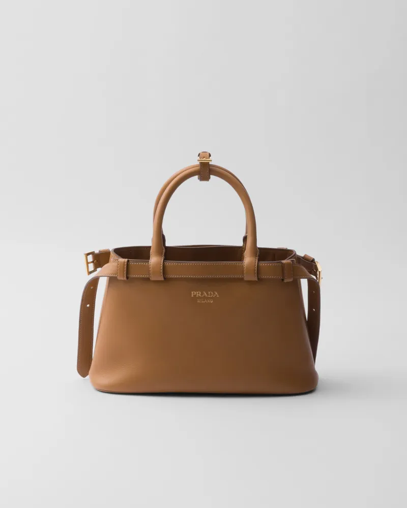 Prada Kleine  Buckle Handtasche aus Leder mit doppeltem Gürtel Karamell