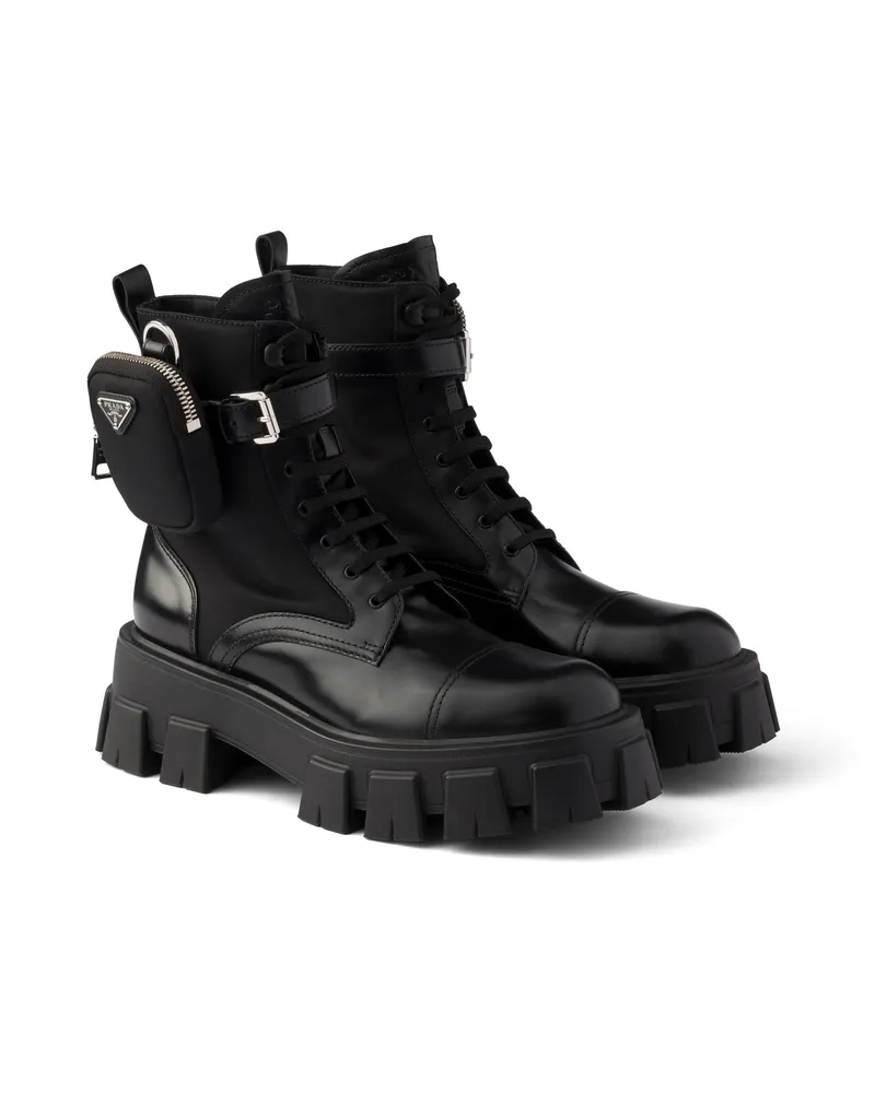 Prada Monolith Stiefeletten Aus Leder Und Re-nylon Mit Pouch, Damen, Schwarz, Größe Schwarz