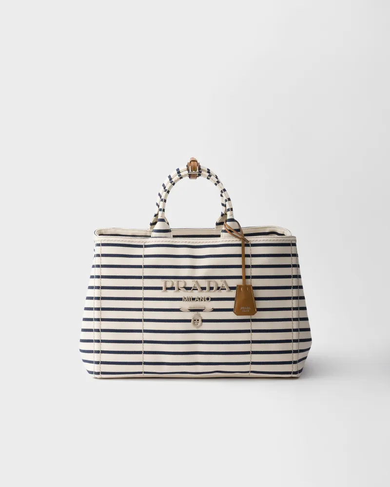 Prada Tote Bag aus gestreiftem Canvas Elfenbein