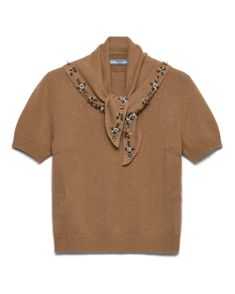 Prada Kurzärmeliger Kaschmirpullover Mit Schal, Damen, Kamelbraun, Größe Kamelbraun