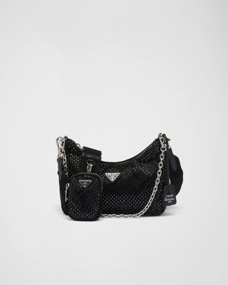 Prada Re-Edition 2005 Tasche aus Satin mit Kristallen Schwarz