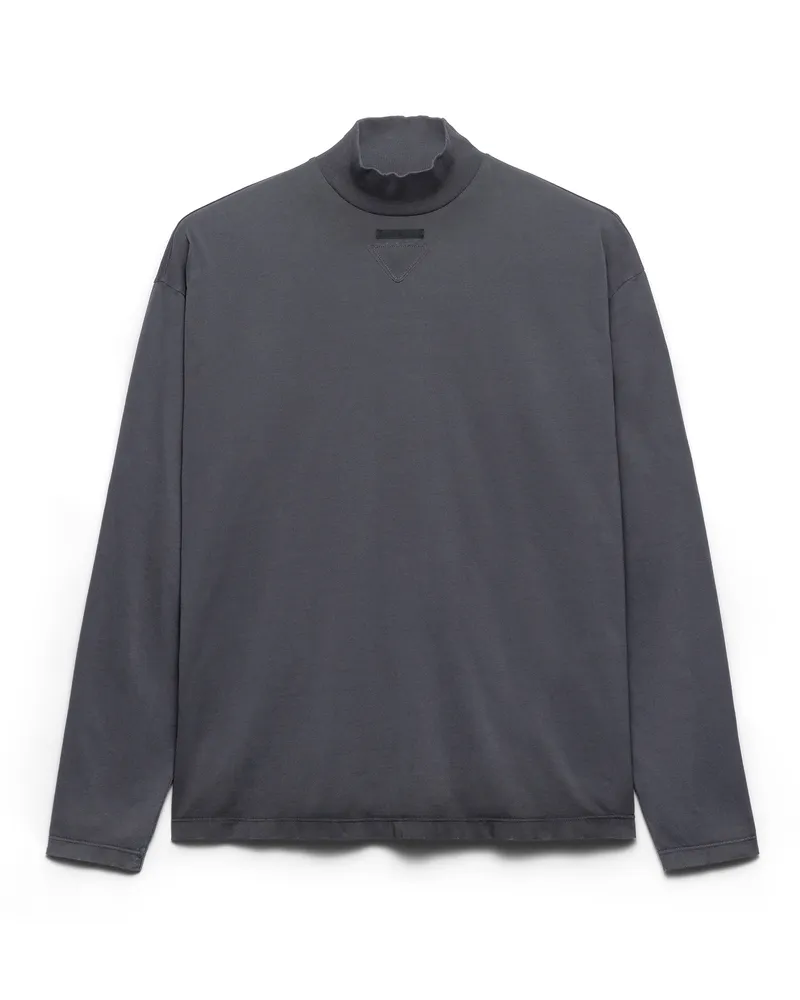 Prada Langärmliges T-shirt Aus Baumwoll-jersey, Damen, Bleigrau, Größe Bleigrau
