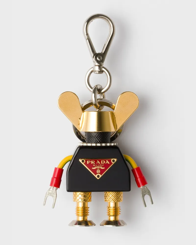 Prada Roboter-Schlüsselanhänger aus Plexiglas und Saffiano-Leder Schwarz