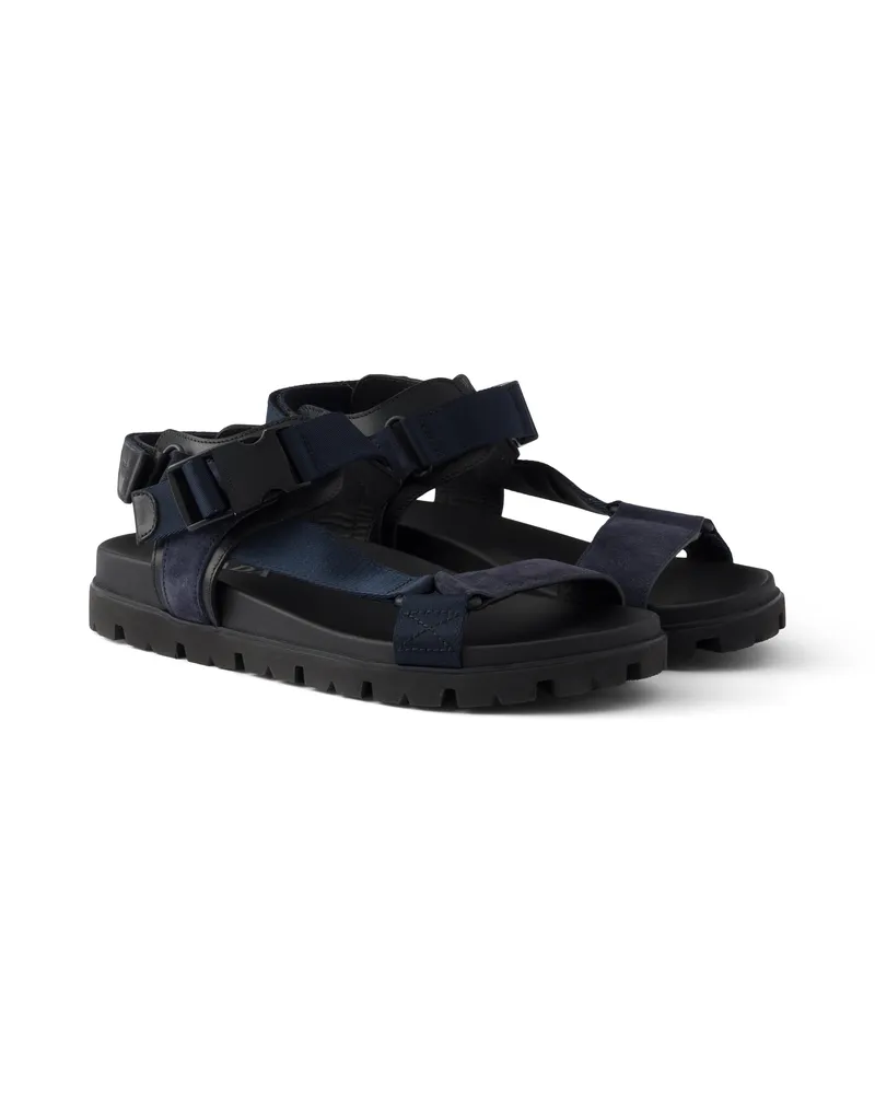 Prada Sportliche Sandale Aus Wildleder Und Webband, Herren, Blau, Größe 11 Blau