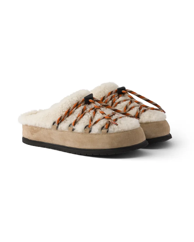 Prada Mules Aus Wildleder Und Lammfell, Damen, Wüstenbeige, Größe Wüstenbeige