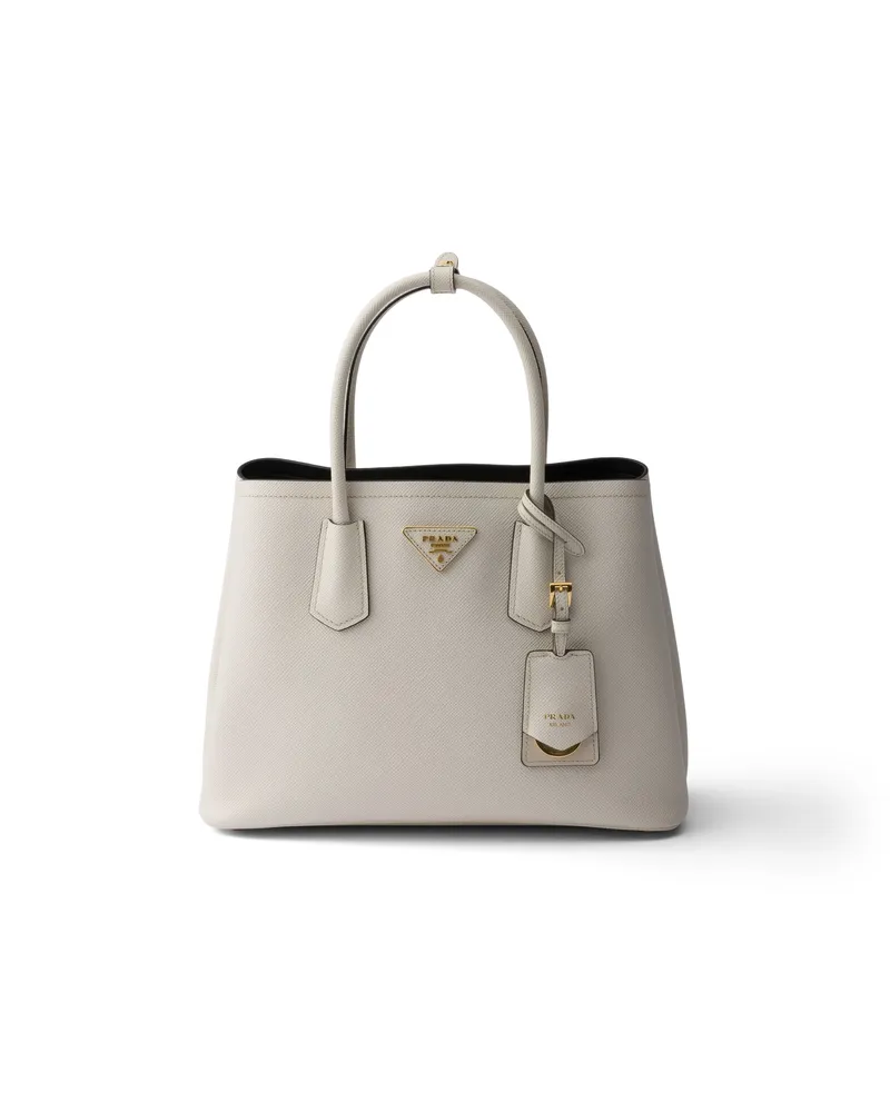 Prada Mittelgroße  Double Tasche Aus Saffiano-leder, Damen, Kalkweiss/schwarz Kalkweiss