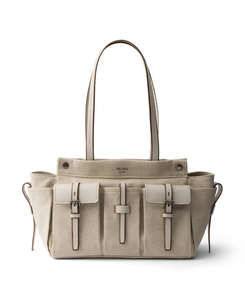Prada Route Große Tote Bag Aus Canvas Und Leder, Damen, Natur Natur