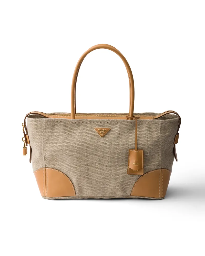 Prada Große Tote Bag Aus Leinen Und Leder, Damen, Seil/natur Seil
