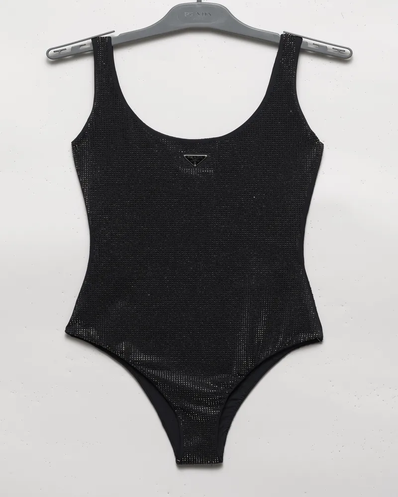 Prada Einteiliger Badeanzug Aus Jersey Mit Strasssteinen, Damen, Schwarz, Größe Schwarz