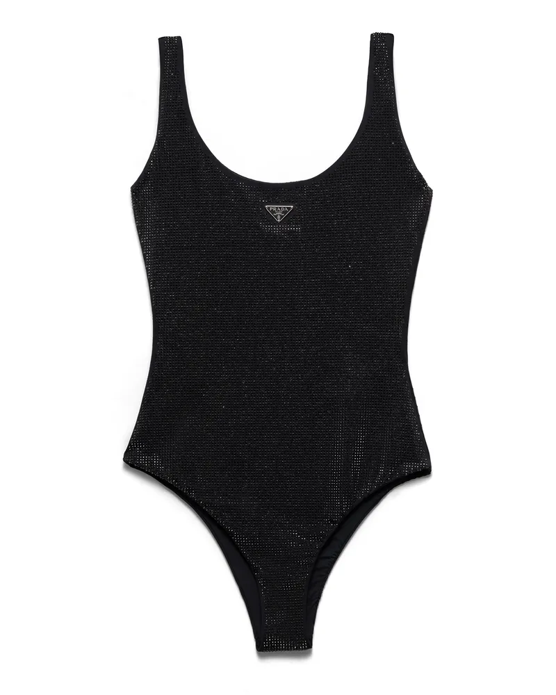Prada Einteiliger Badeanzug Aus Jersey Mit Strasssteinen, Damen, Schwarz, Größe Schwarz