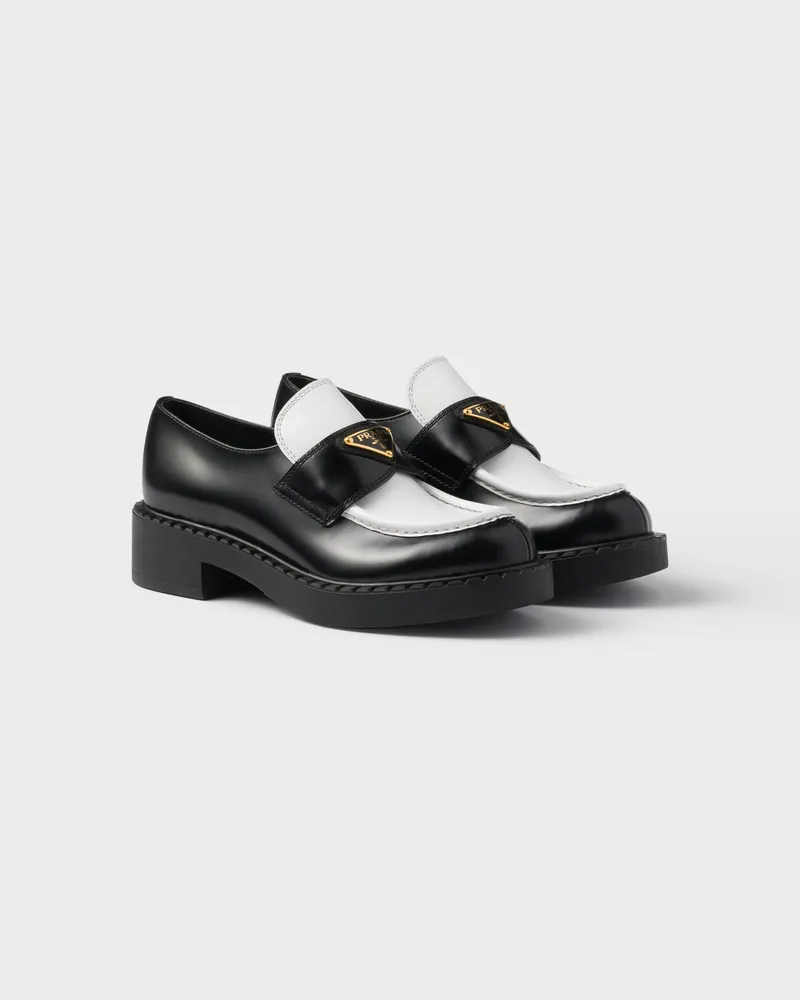 Prada Zweifarbige Chocolate Loafer aus gebürstetem Leder Schwarz