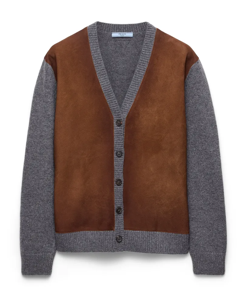 Prada Strickjacke Aus Wolle Und Veloursleder, Damen, Schiefergrau, Größe Schiefergrau