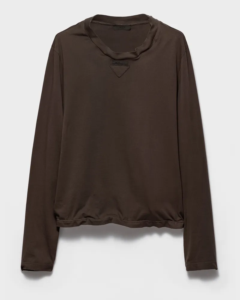 Prada Formbares langärmliges T-Shirt aus Baumwolle Kakaobraun