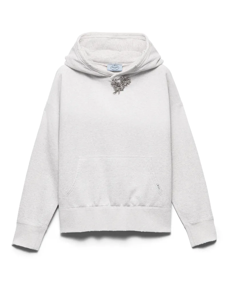 Prada Kapuzenpullover Aus Baumwoll-fleece Mit Juwelenbrosche, Damen, Marmorgrau, Größe Marmorgrau