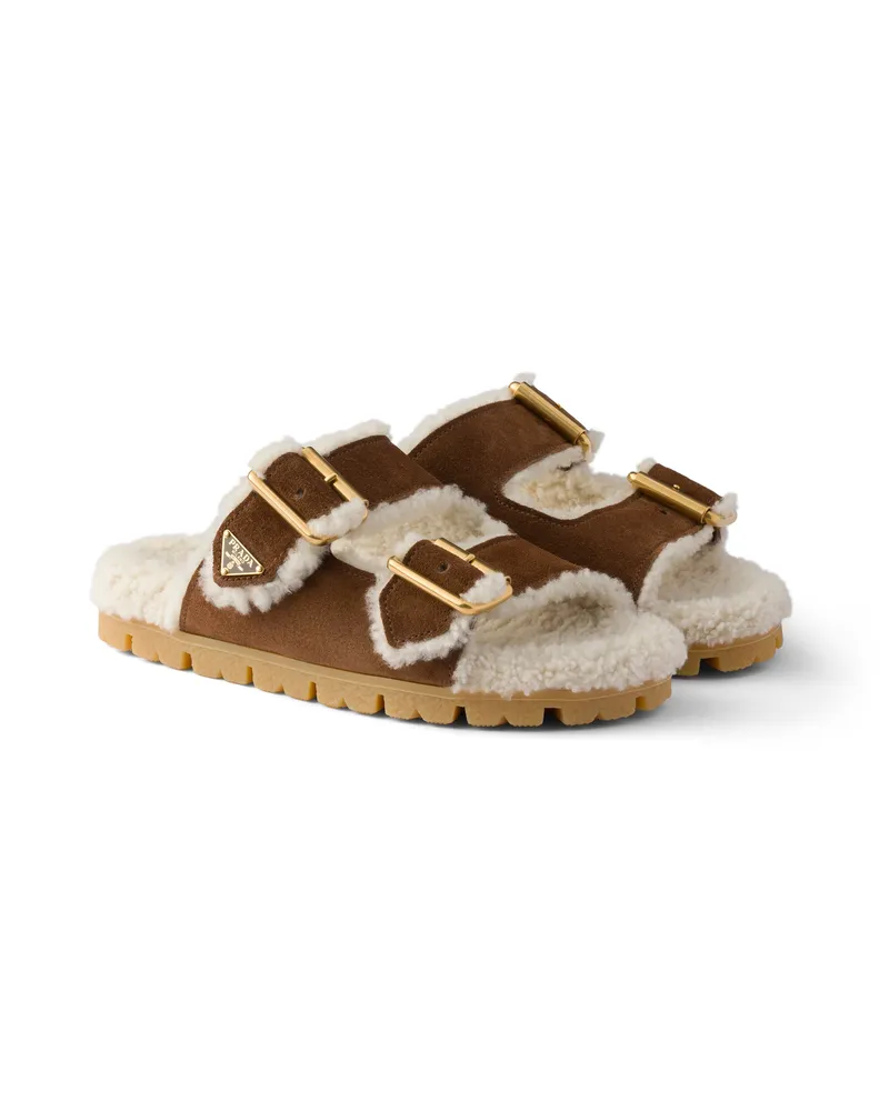 Prada Slipper Aus Wildleder Und Lammfell, Damen, Kakaobraun, Größe Kakaobraun