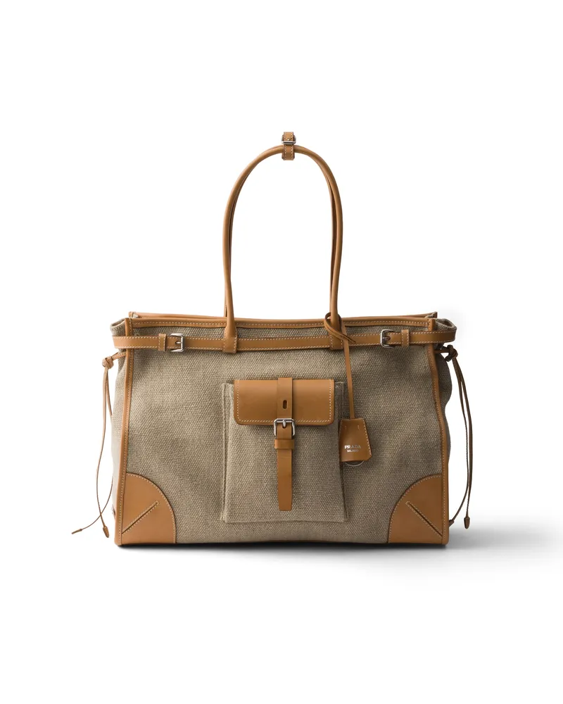 Prada Bonnie Tote Bag Aus Leinen Und Leder, Damen, Seil/natur Seil