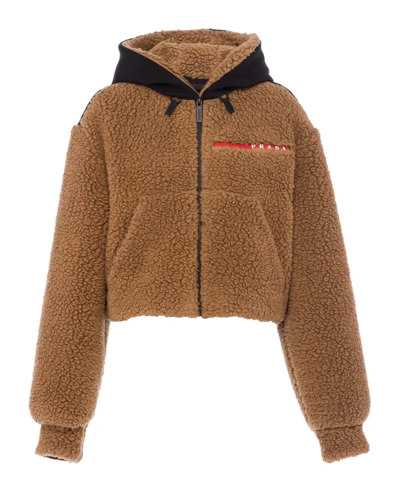 Prada Kurze Jacke Aus Double Fleece, Damen, Kamel/schwarz, Größe Kamel
