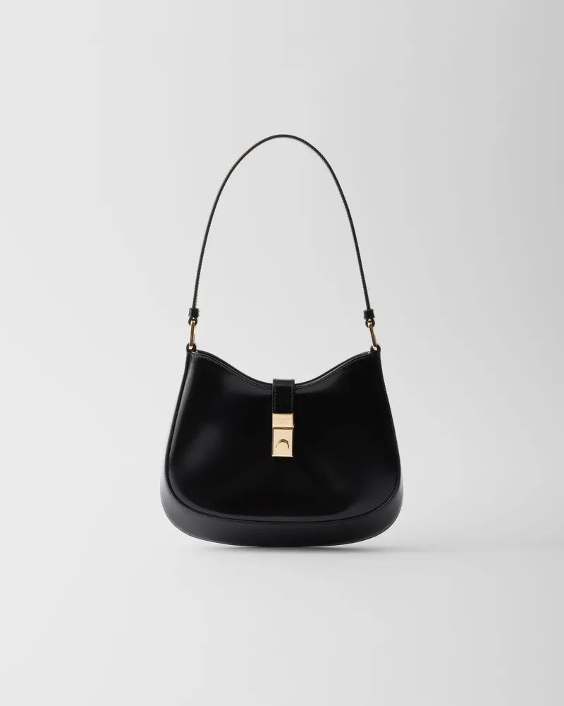 Prada Cleo Schultertasche aus gebürstetem Leder mit Schließe Schwarz