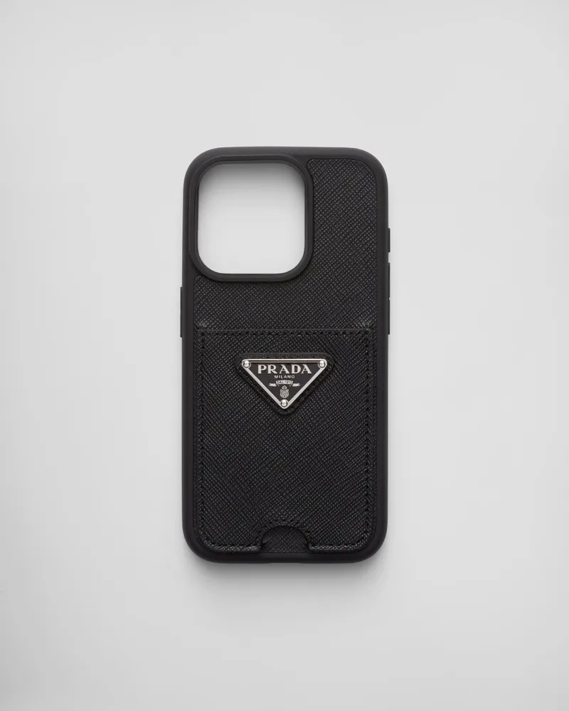 Prada iPhone-15-Pro-Hülle aus Saffiano-Leder Schwarz