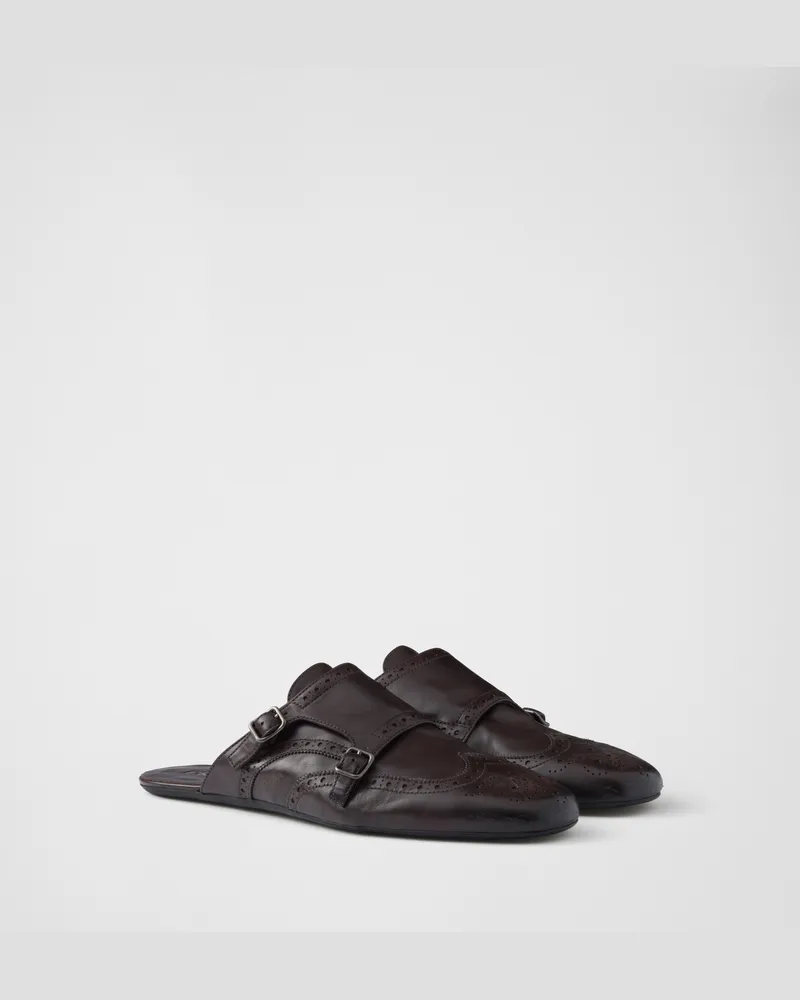 Prada Shuffle Monkstrap-Mules aus Leder mit Doppelschnalle Ebenholz