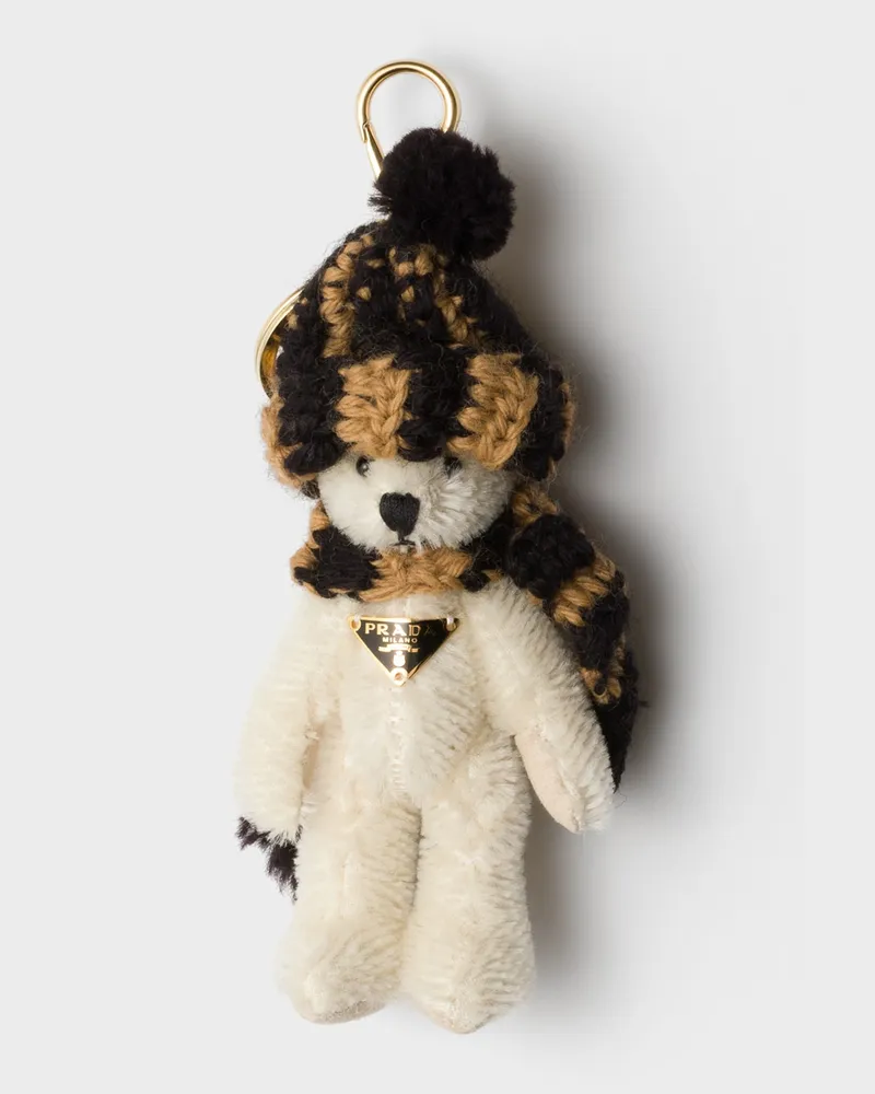 Prada Teddy-Bär-Taschenanhänger mit Ring aus Metall Kamel