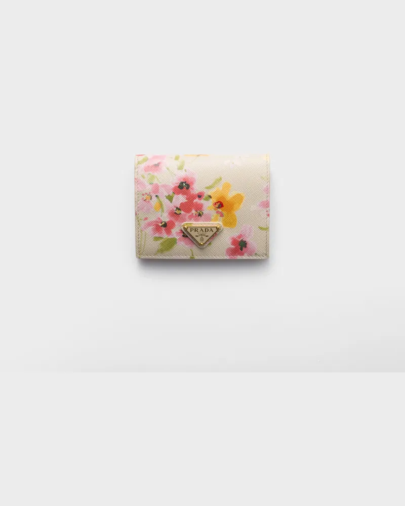 Prada Kleine Geldbörse aus Saffiano-Leder mit Blumenmuster Wachsweiss