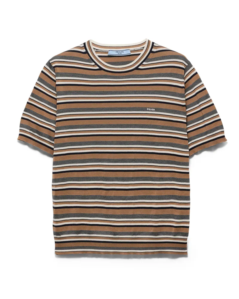 Prada Kurzärmliges Gestreiftes T-shirt Aus Baumwoll-jersey, Damen, Camel/schiefergrau, Größe Camel