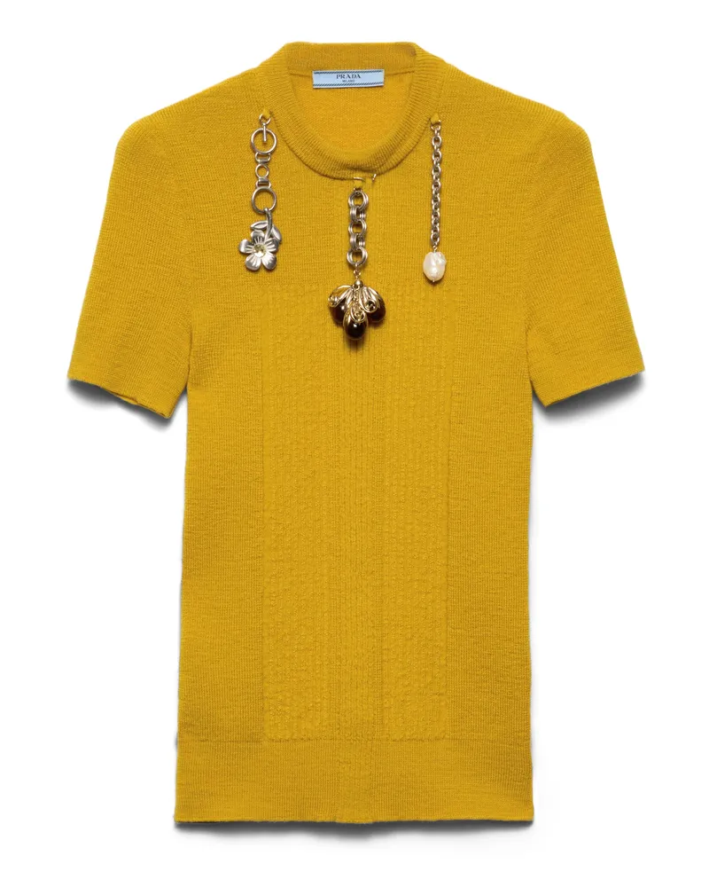 Prada Kurzarm-pullover Aus Wollstrick Mit Anhängern, Damen, Senfgelb, Größe Senfgelb