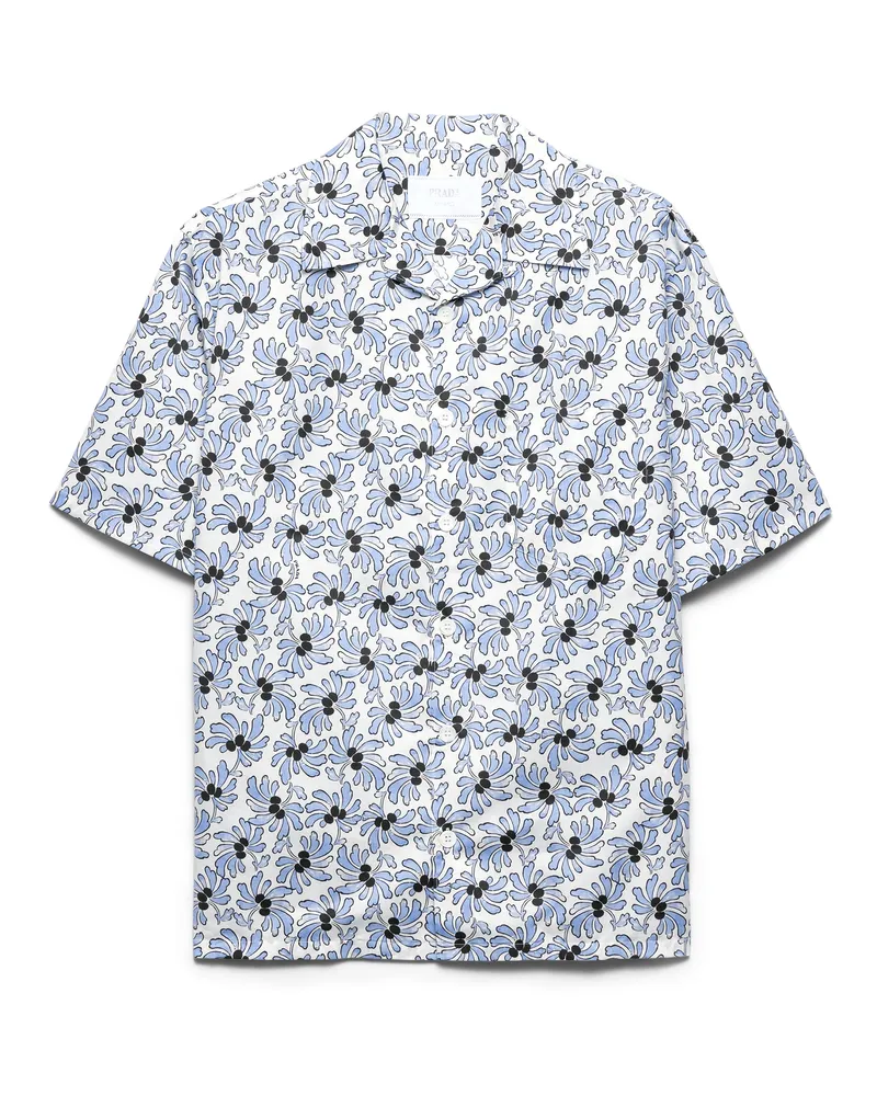 Prada Bedrucktes Bowling-hemd Aus Baumwollmischung, Herren, Elfenbein/hellblau, Größe Elfenbein