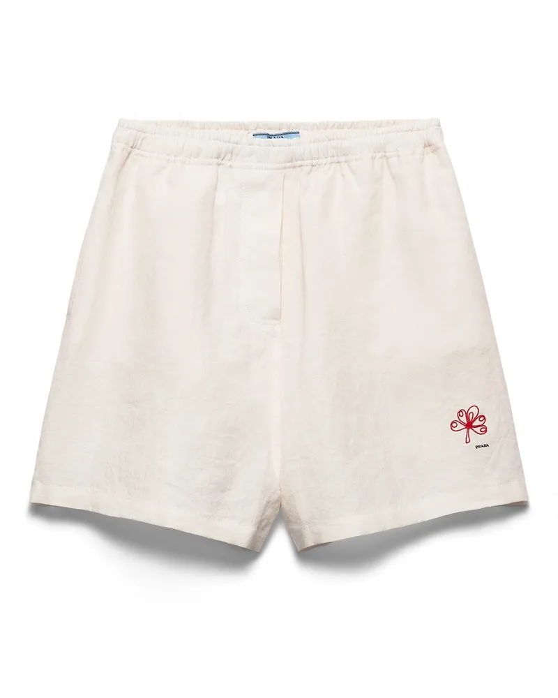 Prada Bestickte Shorts Aus Slub-leinen , Damen, Weiss, Größe Weiss