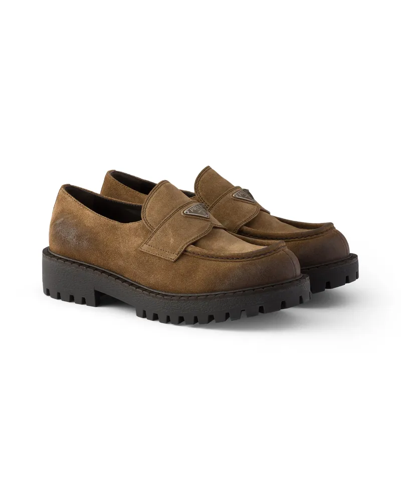 Prada Loafer Aus Gealtertem Wildleder, Herren, Hellbraun, Größe 10,5 Hellbraun