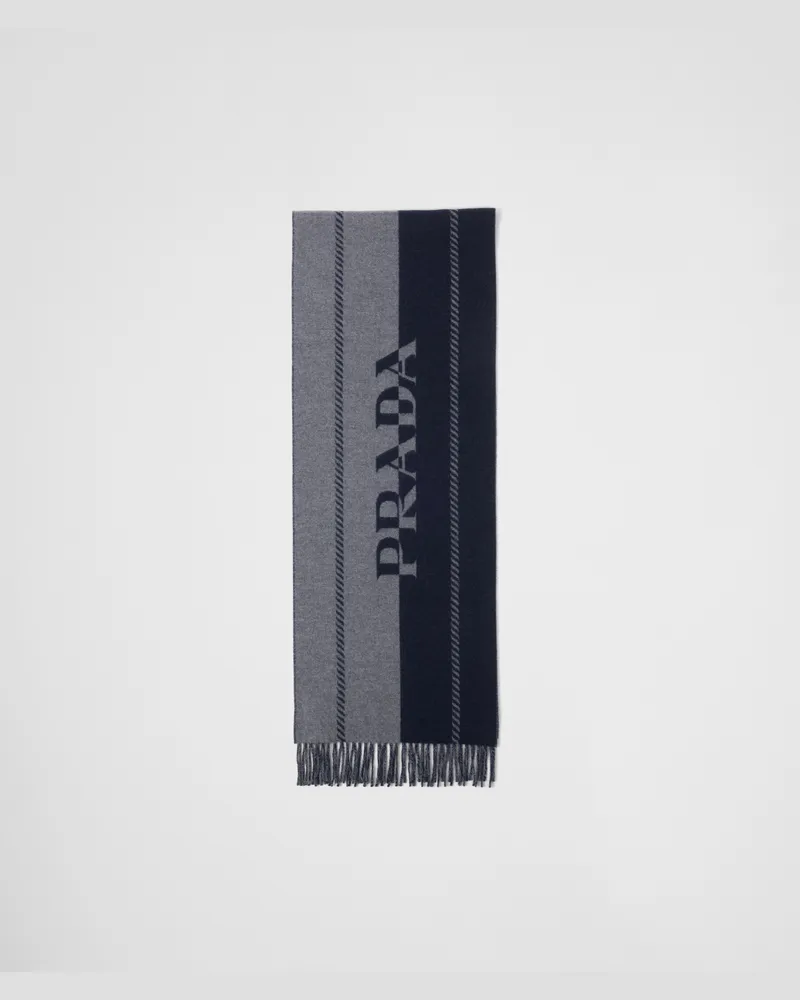 Prada Kleiner Schal aus Wolle mit Jacquard-Logo Grau+blau