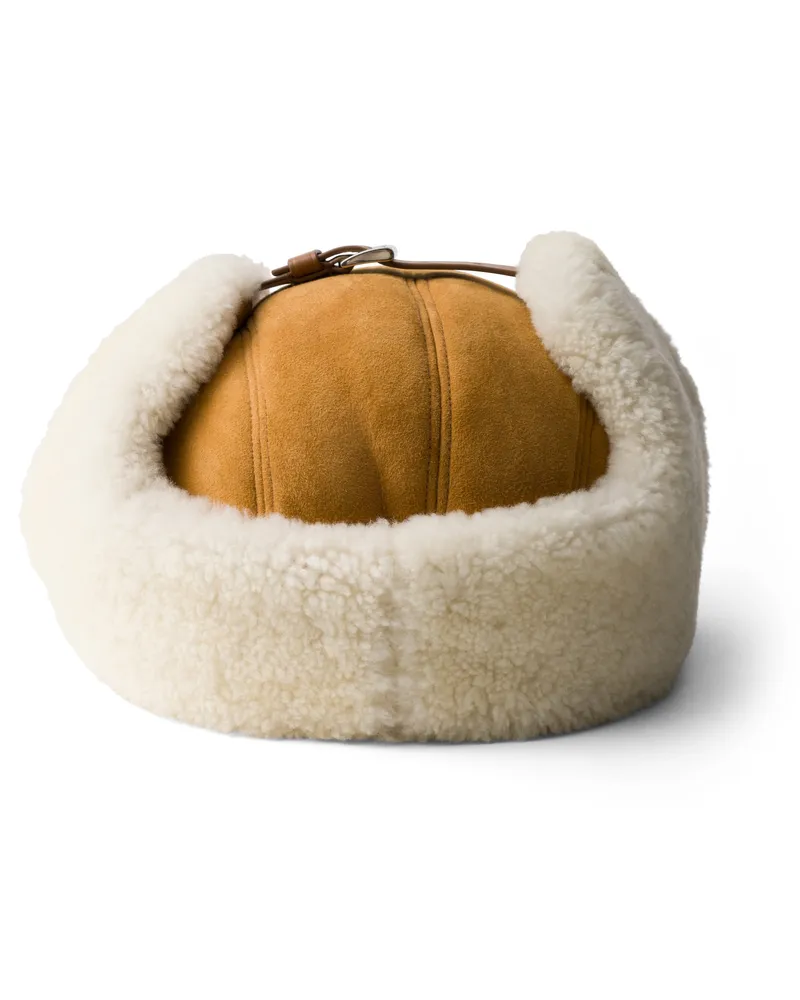 Prada Trappermütze Aus Wildleder Und Lammfell, Herren, Honig, Größe Honig