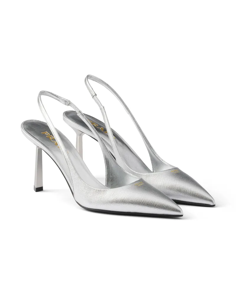 Prada Slingback-pumps Aus Lackleder Und Saffiano-leder, Damen, Silber, Größe Silber