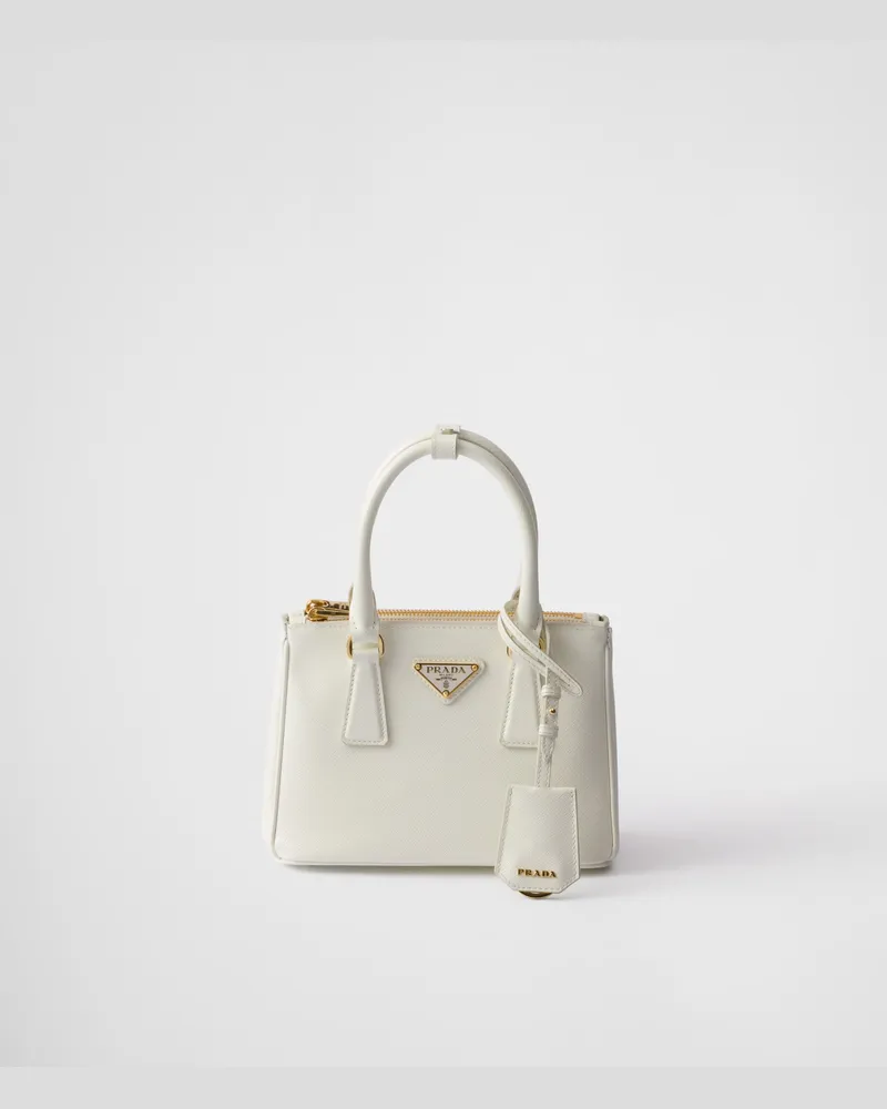 Prada Galleria Mini Bag Aus Saffiano-lackleder, Damen, Weiss Weiss