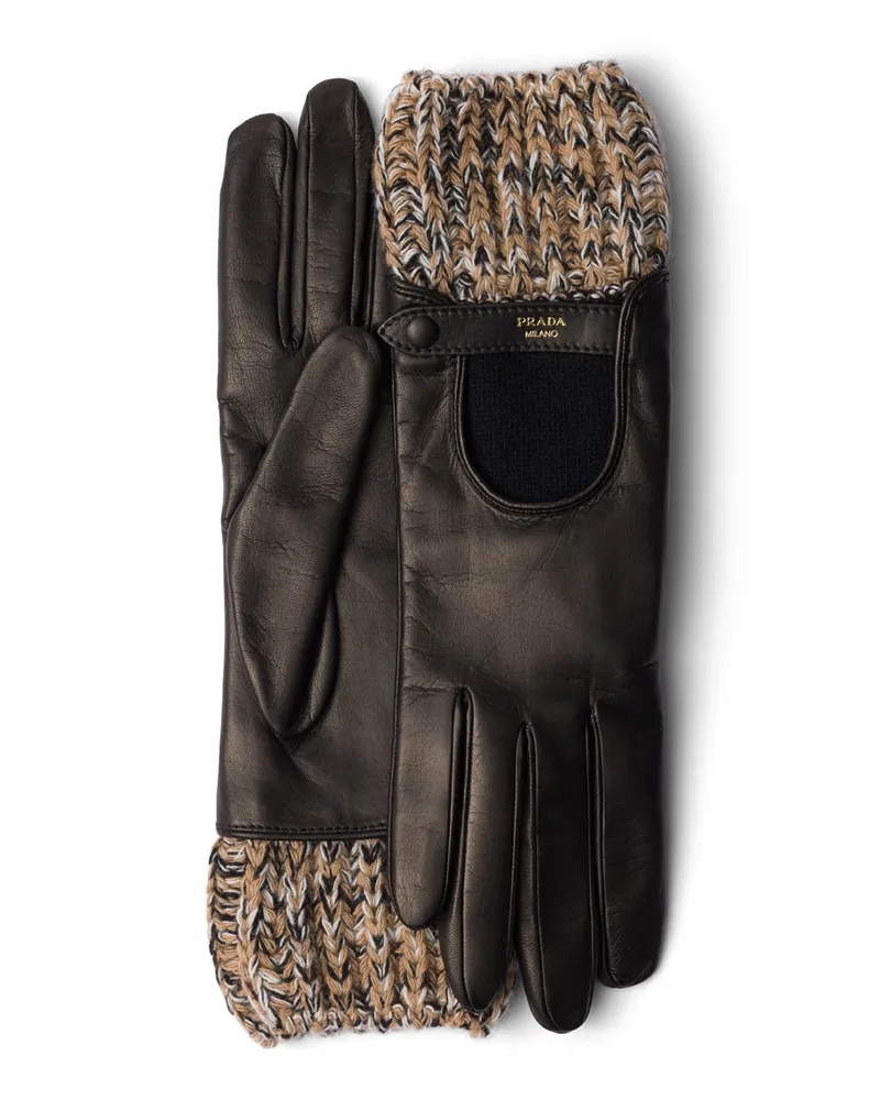 Prada Handschuhe Aus Nappa-leder Und Mélange-strick, Damen, Kamel/schwarz, Größe 9 Kamel